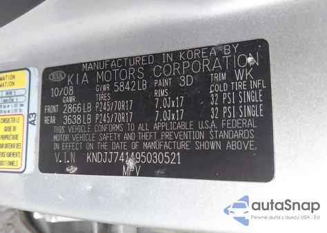 2009 Kia Borrego Ex V6 z USA, uszkodzony, nr VIN KNDJJ741495030521